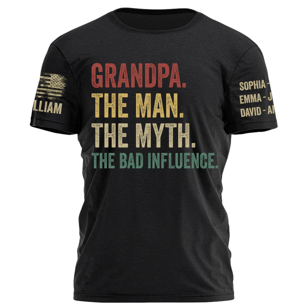 Grandpa The Man The Myth The Bad Influence Personalized Shirt For Grandpa Custom Nickname and Kid's Name H2511 - necksoother