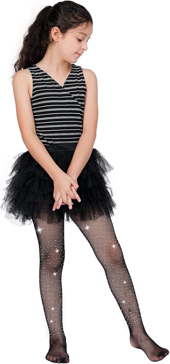 MANZI Rhinestone Fishnets Tights for Girls White Tights Sparkly Black Tights for Girls Fishnet Stockings (Pack of 2) - necksoother