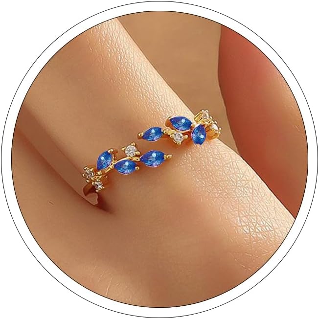 18K Gold Plated Ring Open Adjustable Ring Cubic Zirconia Leaf Ring for Women Dainty Stackable Rings for Women - necksoother