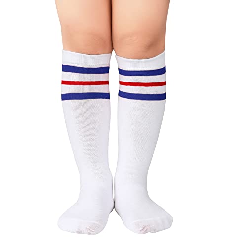 Zando Kids Child Cotton Three Stripes Sport Soccer Team Socks Uniform Tube Cute Knee High Stocking for Boys Girls - necksoother
