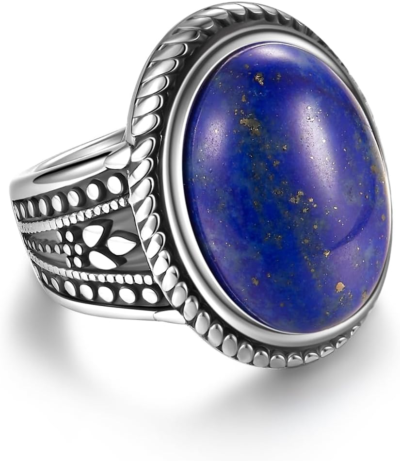 Stainless Steel Fashion Vintage Oval Turquoise/Lapis/Opal/Onyx/Rose Quartz/Labradorite Stone Ring for Women Men - necksoother
