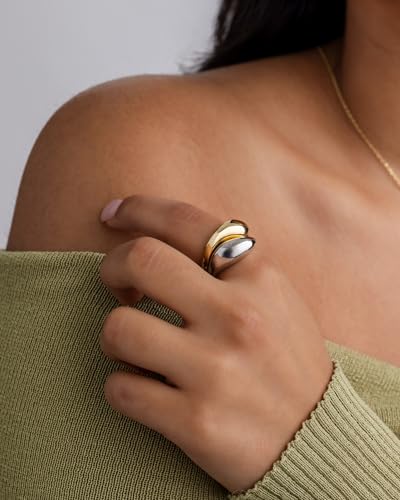 PAVOI 14K Gold Plated Mixed Metal Chunky Two Tone Wavy Dome Ring Pack for Women | Statement Ring Set - necksoother