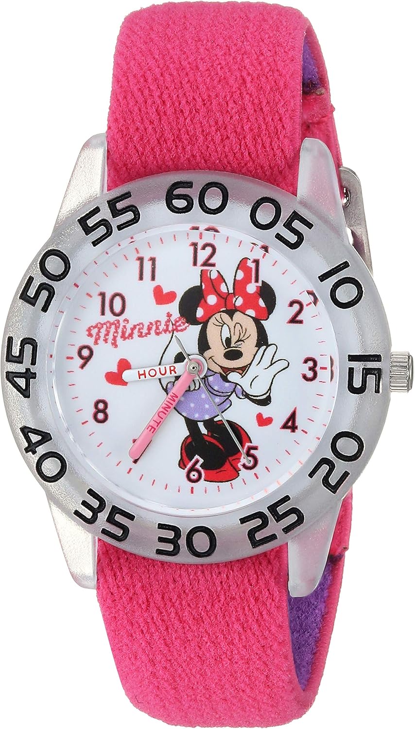 Disney Minnie Mouse Kids' Bezel Stainless Steel Time Teacher Analog Nylon Strap Watch - necksoother