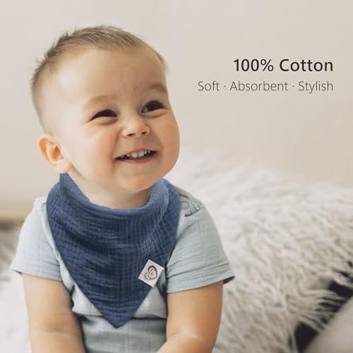 Bearmoss 100% Cotton Muslin Baby Bibs 6-Pack Baby Bandana Drool Bibs for Unisex Baby Girls Boys Drooling and Teething - necksoother