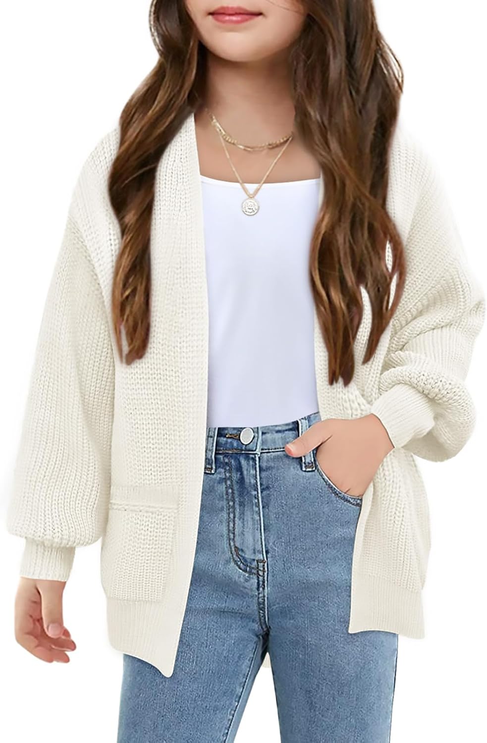Girls Long Sleeve Cardigan Casual Open Front Lantern Sleeve Smoke Cuff Knit Sweater with Pockets for Kids 5-14 Years - necksoother