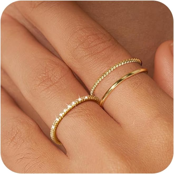 Moodear 3PCS Thin Stackable Ring Set - Dainty 14K Gold Plated Thumb CZ Rings for Women Non Tarnish Size 5-12 - necksoother