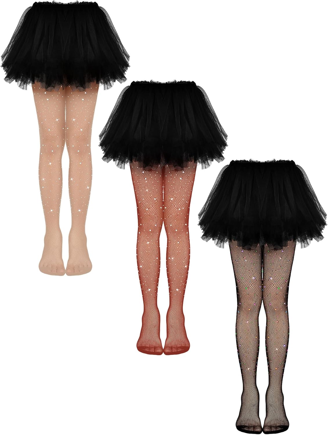 Geyoga 3 Pcs Girls Rhinestone Tights Sparkle Fishnet Kids Bling Mesh Stockings Glitter Hollow out Pantyhose - necksoother