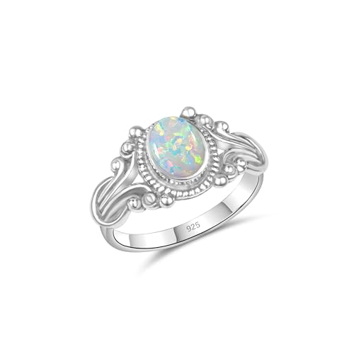 925 Sterling Silver Oval Cut Opal Statement Ring. Handmade Bali Design. Size 7 - necksoother