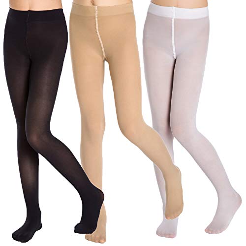 3 Pairs School Girl's Footed and Footless Ballet Dance Tights Age(2-16).Black White Nude - necksoother