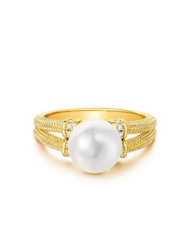 Gold Pearl Ring for Women Cubic Zirconia 14K Gold Plated Minimalist Stack Split Shank Nail Finger Jewelry Size 6-8 - necksoother