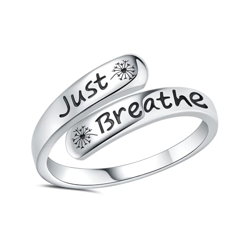 Dandelion Just Breathe Ring for Women 925 Sterling Silver Adjustable Hope Inspirational Jewelry Encouragement Gifts - necksoother