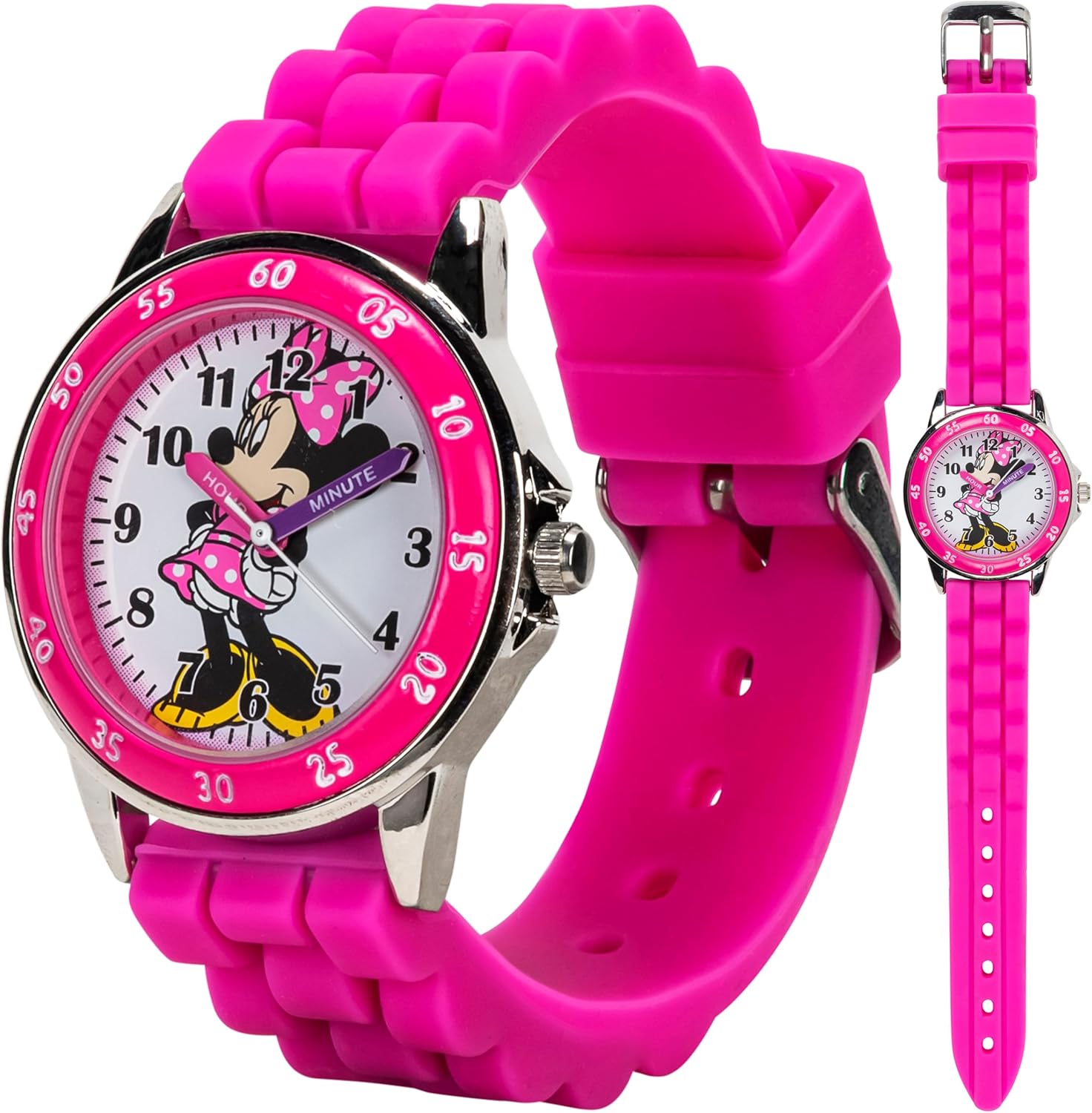 Minnie Mouse Time Teacher Watch for Girls - Analog Time Learning with Easy-to-Read Numbers and Comfortable Silicone Band - necksoother