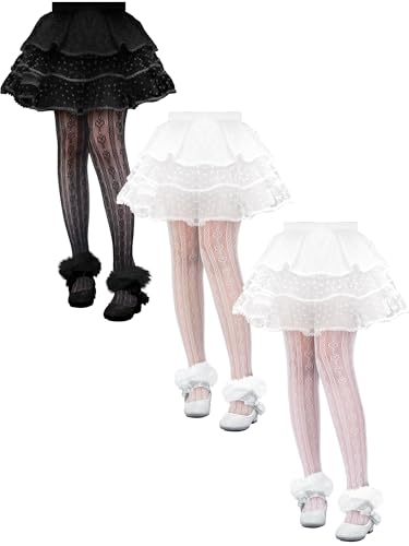 3 Pairs Girls Lace Tights Kids Sheer Fishnet Stockings Toddler Stockings Cute Pattern Hollow Dance Pantyhose - necksoother