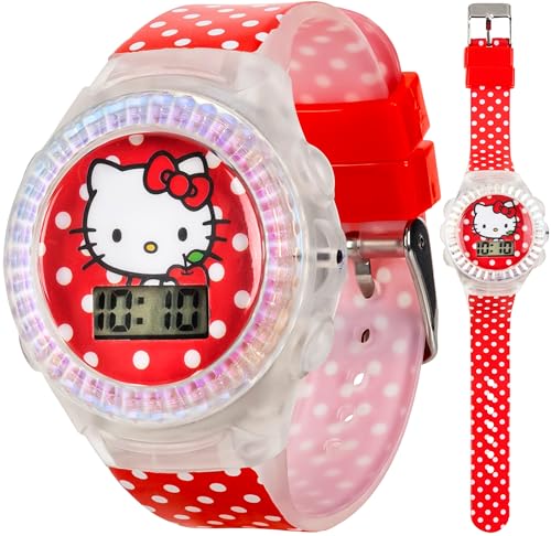 Accutime Hello Kitty Digital LCD Quartz Kids Red Watch for Girls with Polka Dot Print Band Strap (Model: HK4170AZ) - necksoother