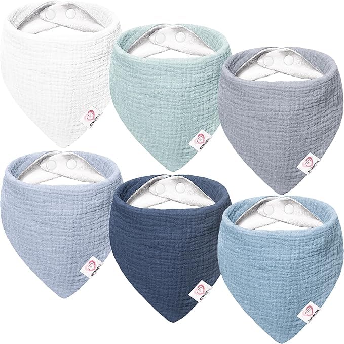 Bearmoss 100% Cotton Muslin Baby Bibs 6-Pack Baby Bandana Drool Bibs for Unisex Baby Girls Boys Drooling and Teething - necksoother