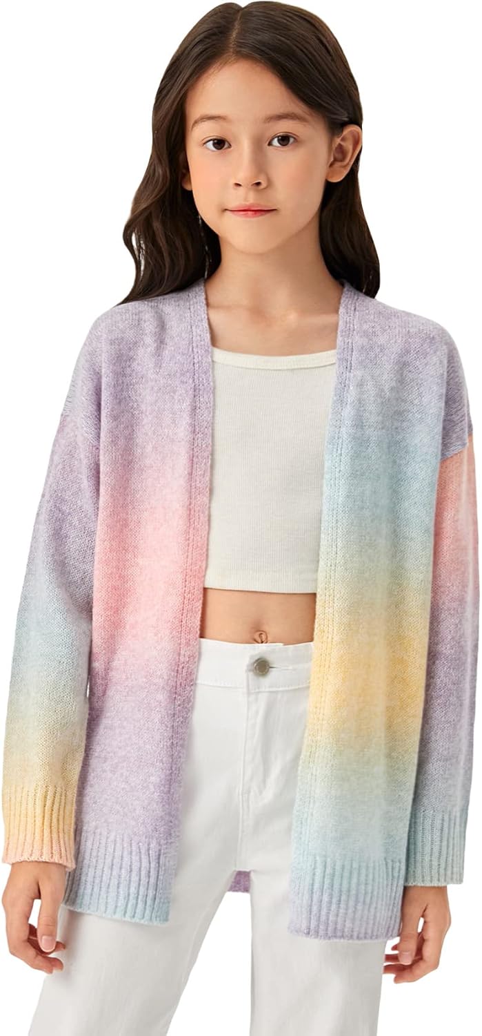 Floerns Girls Open Front Long Sleeve Drop Shoulder Kimono Cardigan Sweater - necksoother