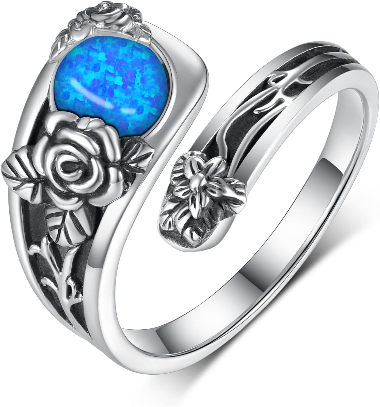 Rose Spoon Rings Sterling Silver Opal/Blue Opal/Turquoise Thumb Rings Vintage Thumb Rings for Women - necksoother
