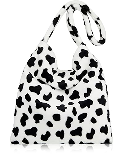 Fluffy Shoulder Bag Flower Cow Plush Underarm Handbag Bag Fluffy Purse Small Clutch Bag for Women Autumn Winter - necksoother