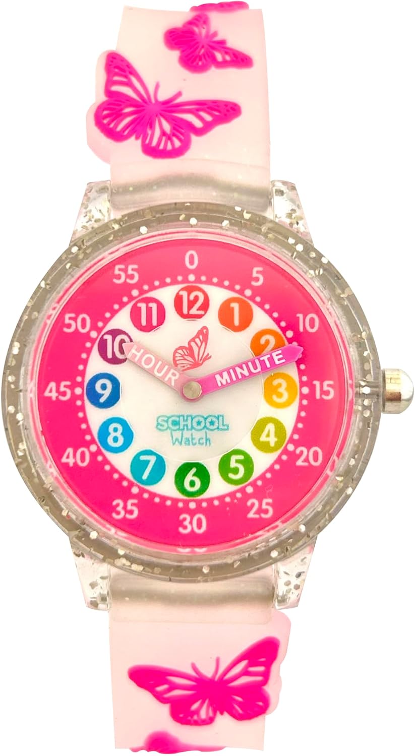 Kitty. Unicorn or Butterfly Analog Color Watch - Kids 3D Band First Watch - Time Teacher - Girls. Children - School Watch - necksoother