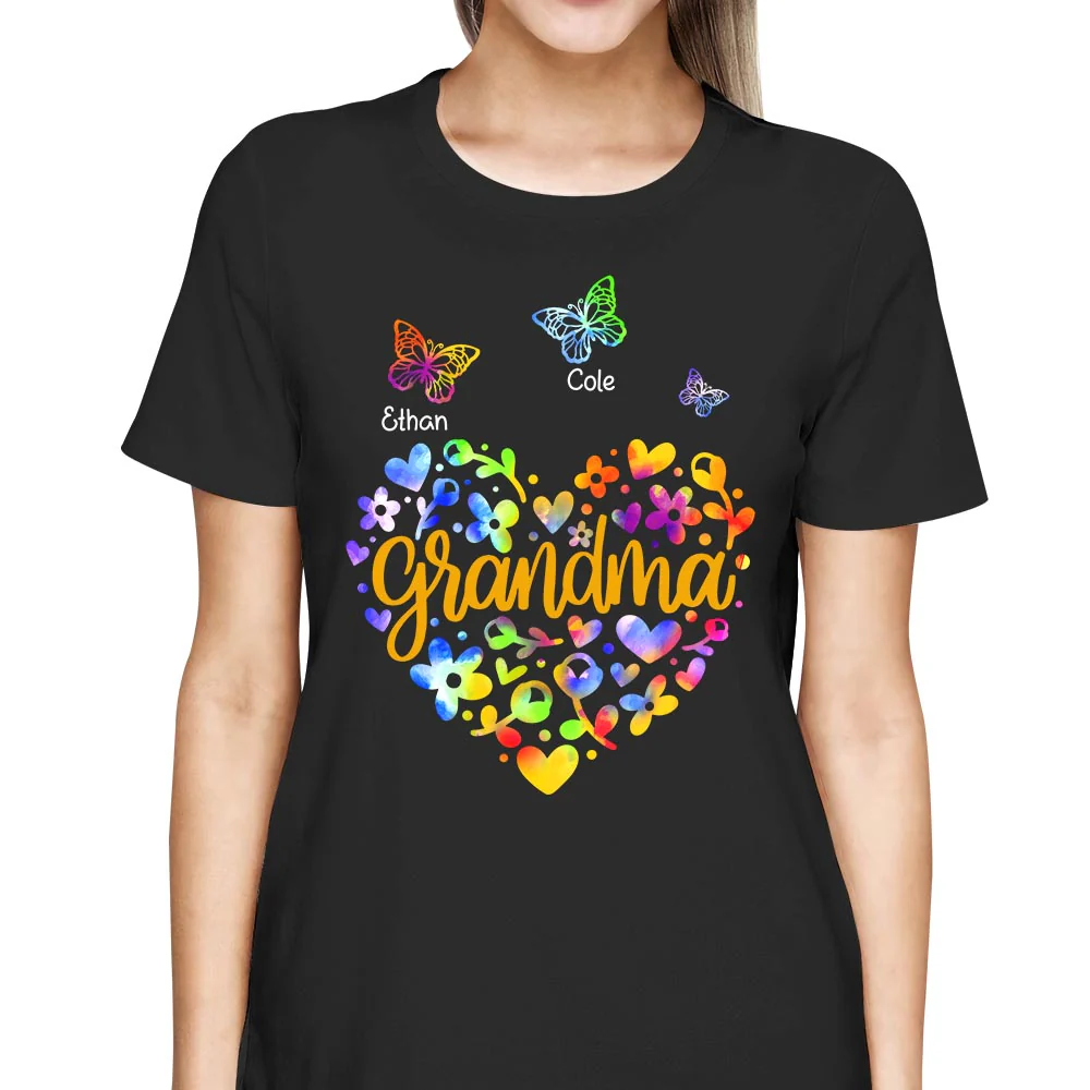 Personalized Grandma Colorful Flower Heart With Butterflies Shirt For Grandma - necksoother
