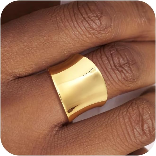 Dainty 14k Gold Plated Wide Band Ring for Women Non Tarnish - Trendy Statement Chunky Thumb Knuckle Ring Size 5-11 - necksoother