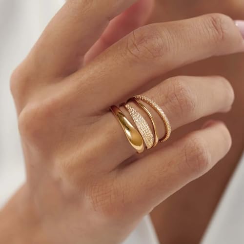 3PCS Gold Rings Set For Women Dainty 14K Gold Plated Rings CZ Stackable Gold Rings For Women Non Tarnish Size 6-10 - necksoother