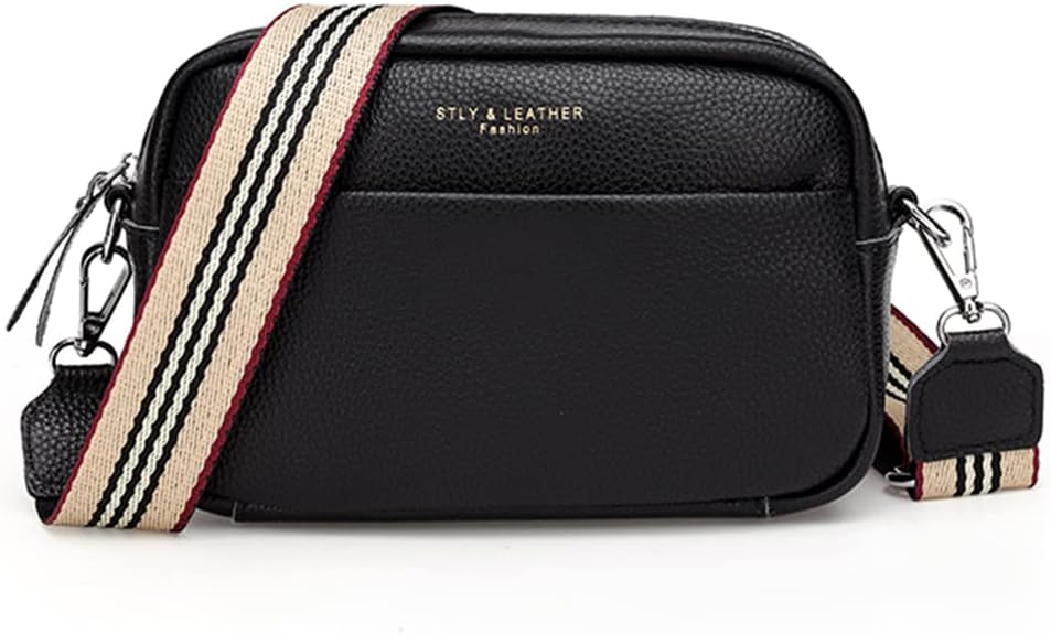 Crossbody Bag for Women Genuine Leather Wide Strap Shoulder Bag Purse Trendy Design Camera Crossbody Purse Top Zip - necksoother