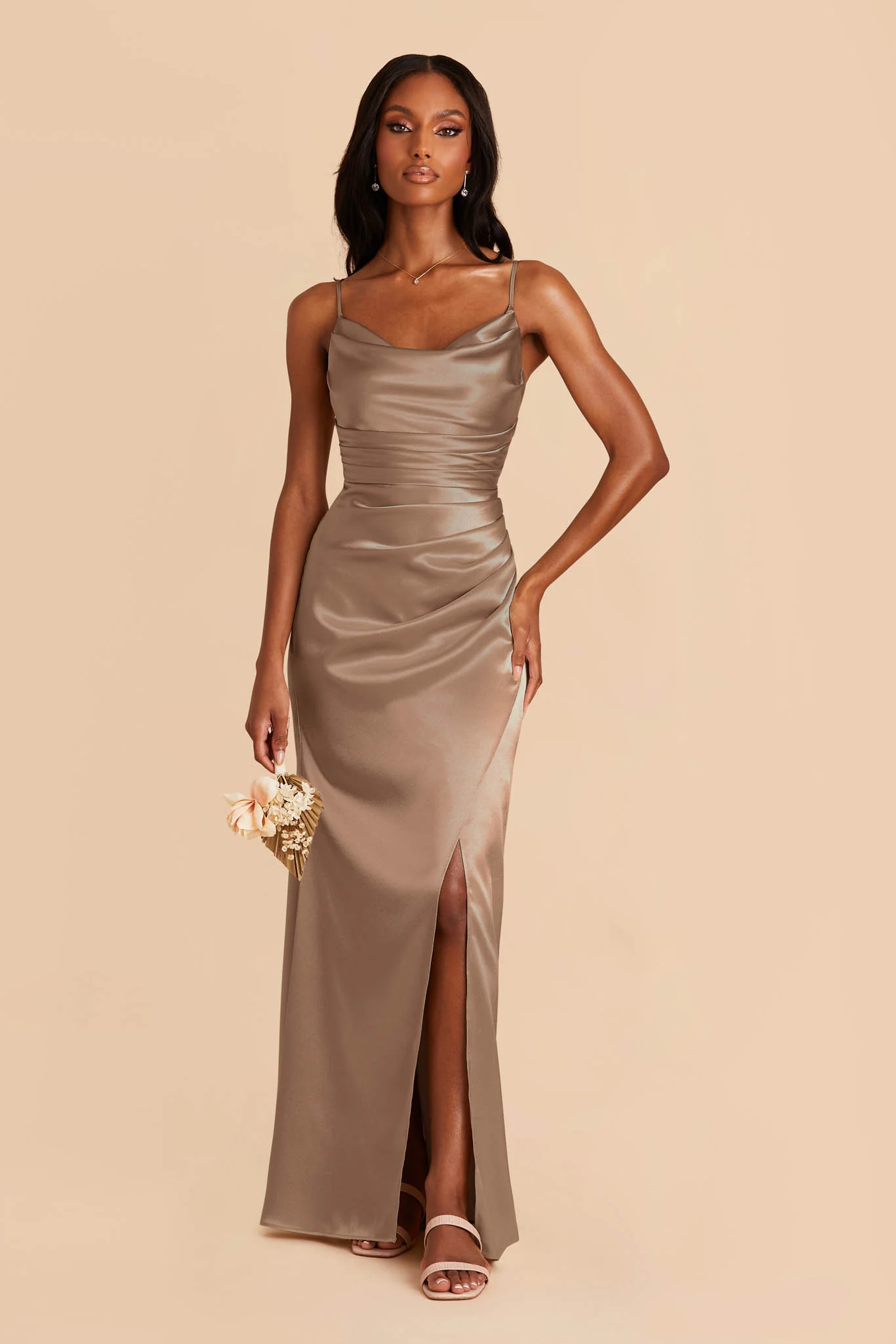 Lydia Shiny Satin Dress - Mocha - necksoother
