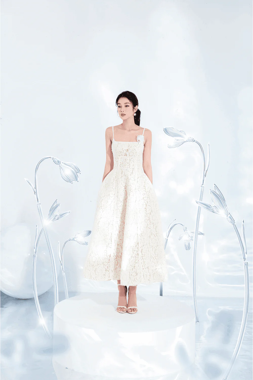 Rosie Puffy Camisole Lace Midi Dress - necksoother