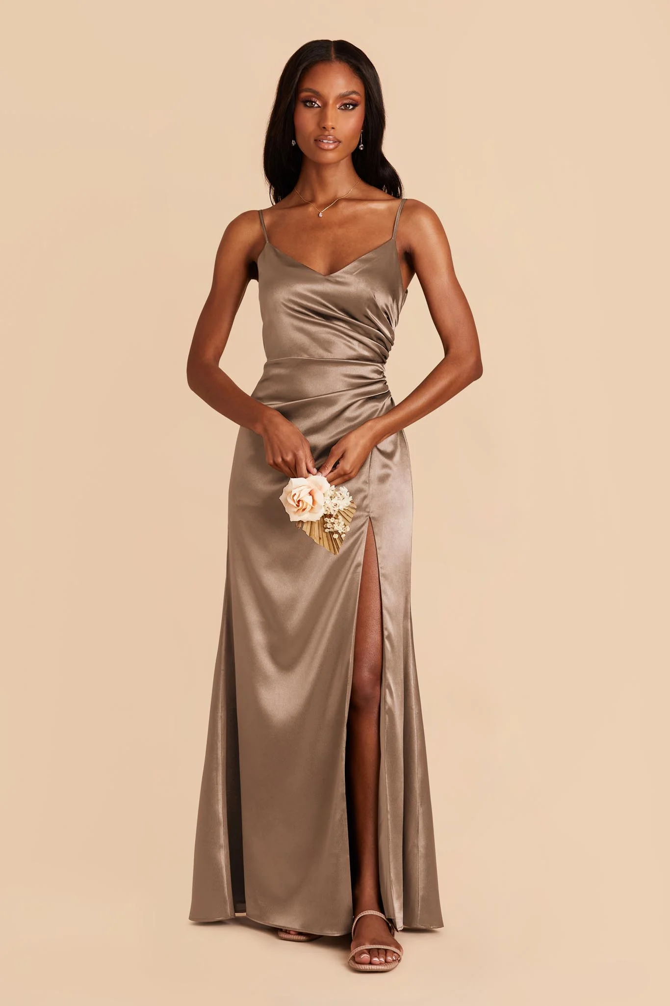 Catherine Shiny Satin Dress - Mocha - necksoother