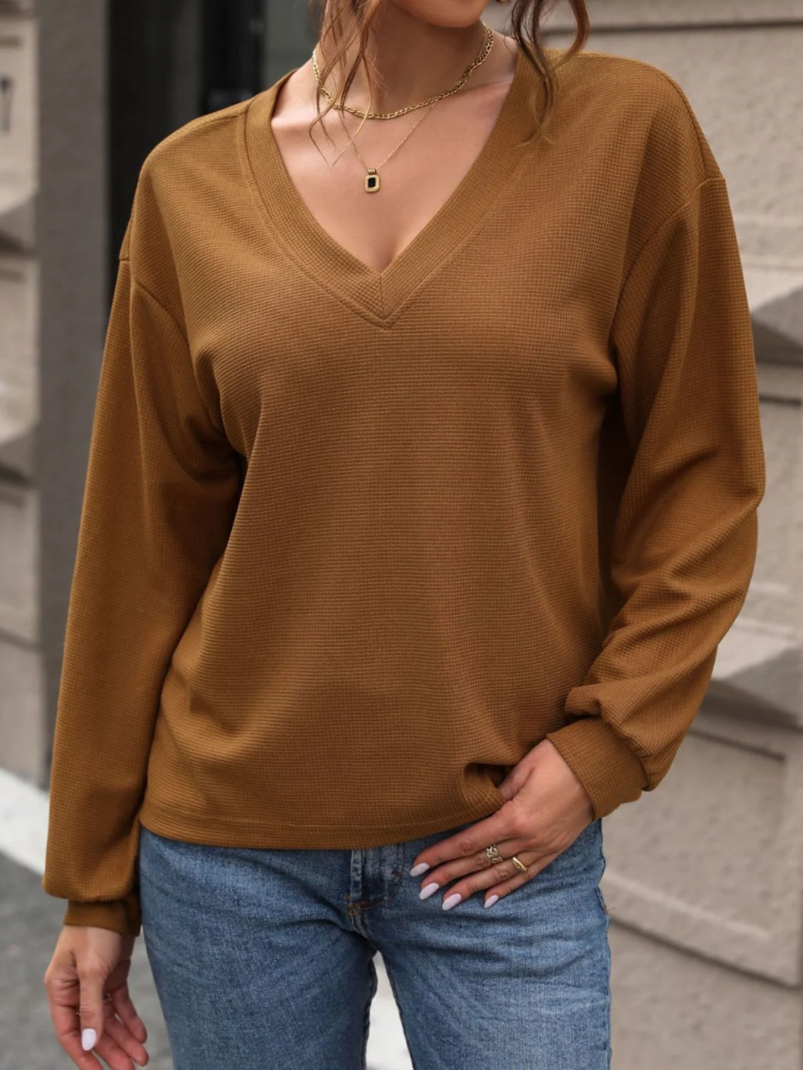 Perfee V-Neck Long Sleeve Top - necksoother
