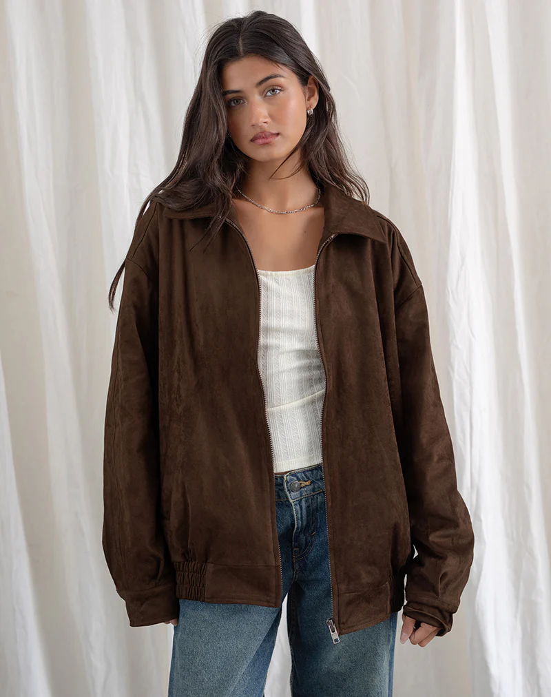 Cavita Jacket in Faux Suede Brown - necksoother