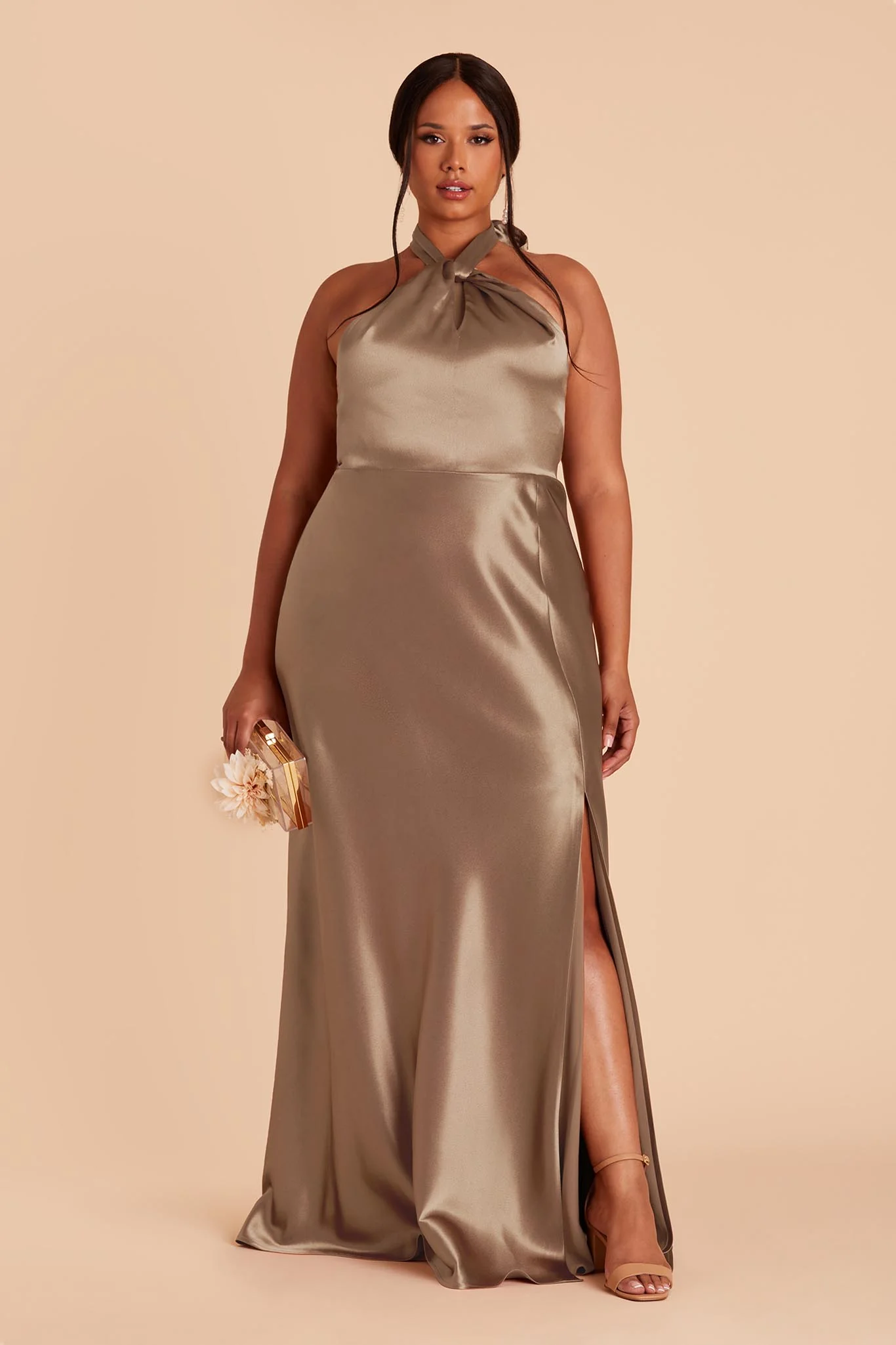 Monica Shiny Satin Dress - Mocha - necksoother