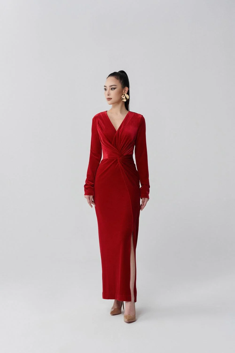 Becky Slit V-Neck Velvet Midi Dress - necksoother