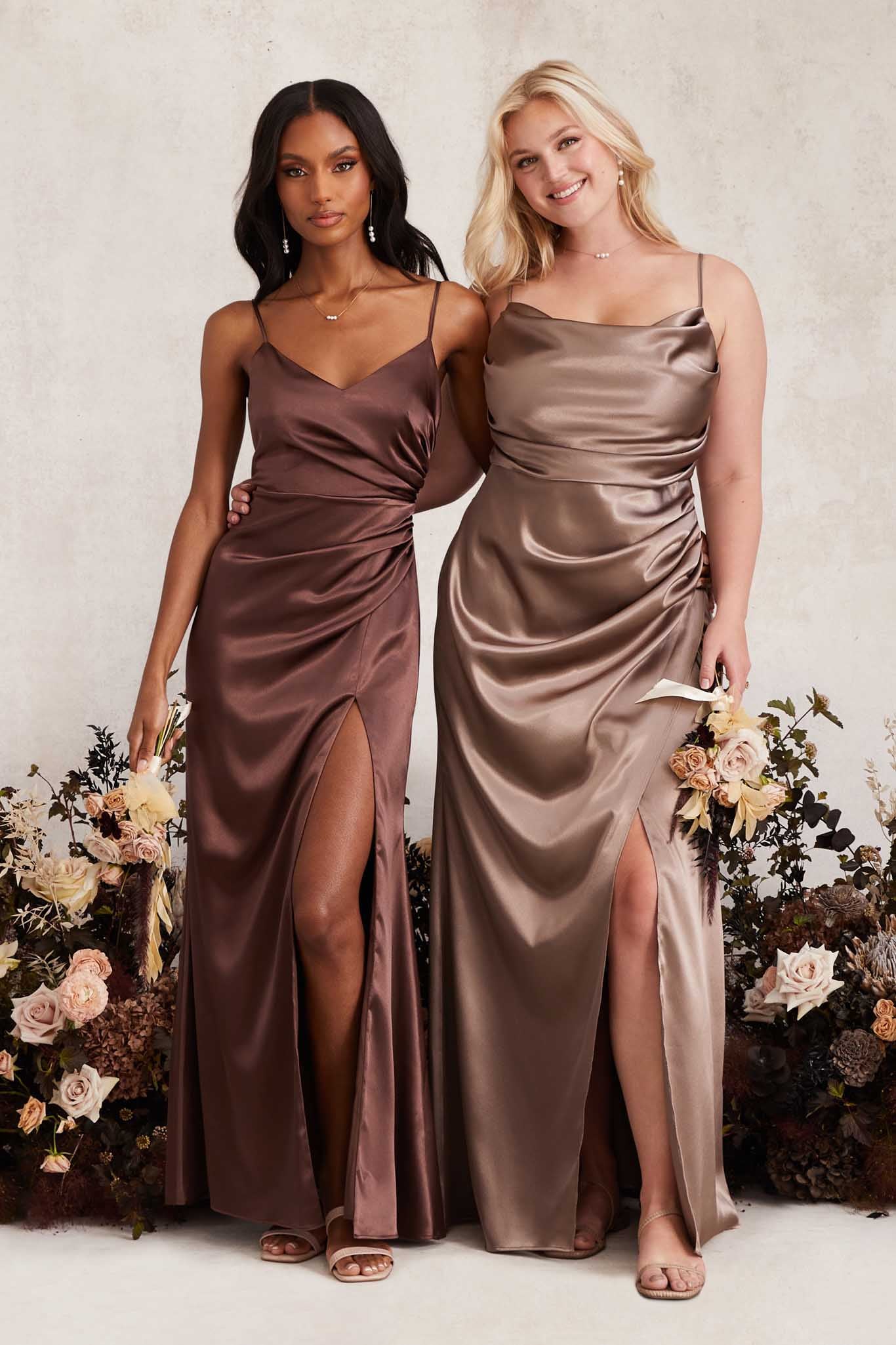 Lydia Shiny Satin Dress - Mocha - necksoother