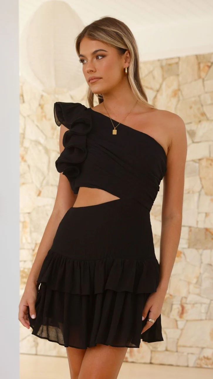 Addo Ruffle Mini Dress - Black - necksoother