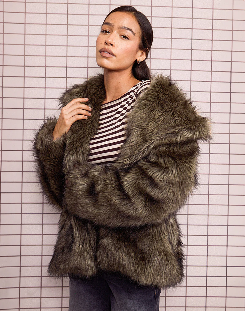 Lupita Jacket in Faux Long Fur Brown - necksoother