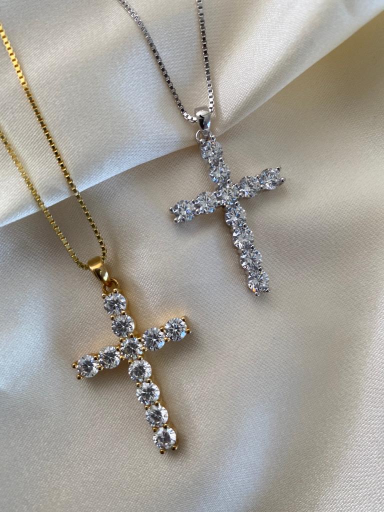 Crystal Cross Necklace (Gold or Silver)