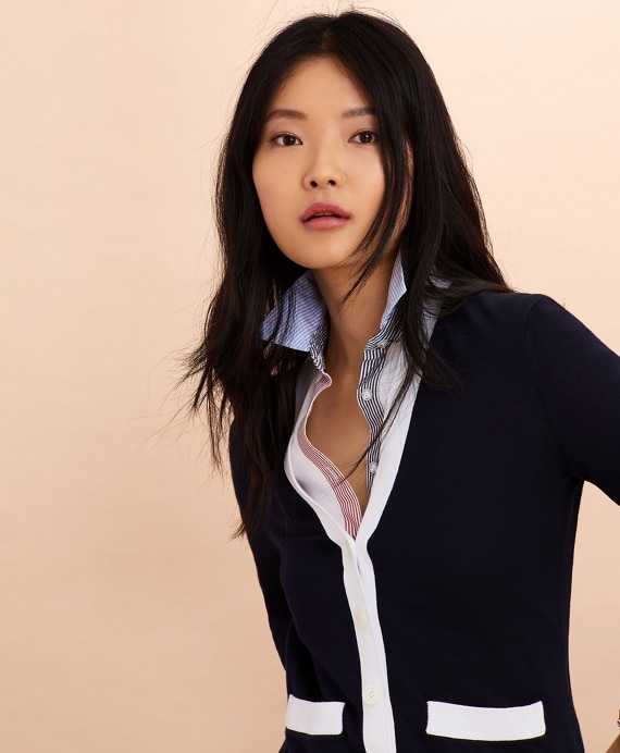 Contrast-Trim Cotton-Blend Cardigan - Brooks Brothers Outlet