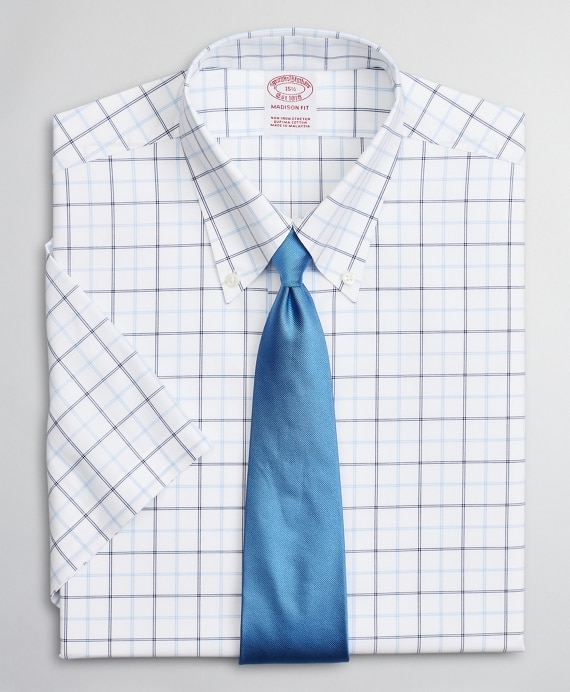 Stretch Madison Classic-Fit Dress Shirt, Non-Iron Twill Short-Sleeve Double-Grid Checkk - Brooks Brothers Outlet