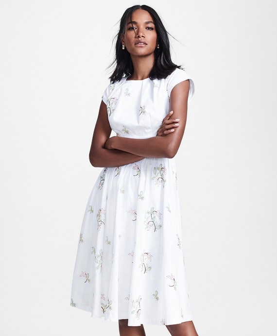 Floral-Embroidered Plaid Jacquard Cotton Dress - Brooks Brothers Factory Outlet