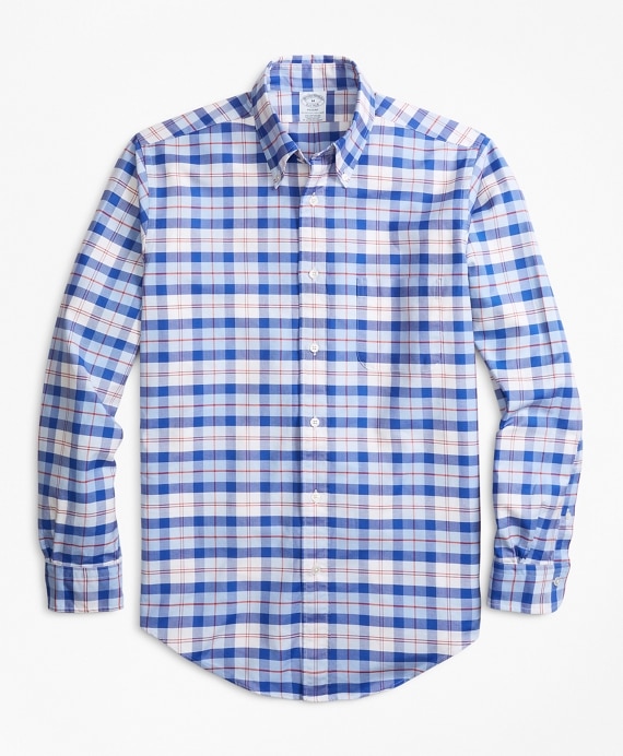 Regent Fit Oxford Blue and Red Plaid Sport Shirt - Brooks Brothers Outlet