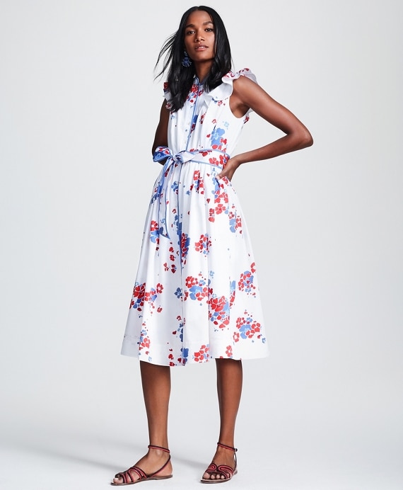 Floral-Print Supima&reg; Cotton Sateen Flutter-Sleeve Shirt Dress - Brooks Brothers Outlet
