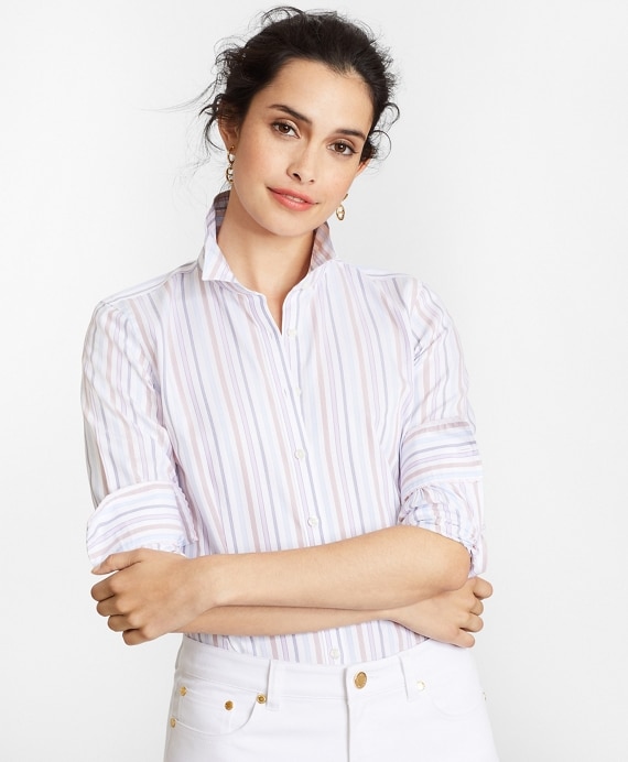 Petite Non-Iron Tailored-Fit Striped Supima&reg; Cotton Dobby Shirt - Brooks Brothers Outlet