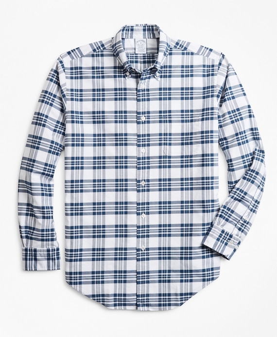Regent Fit Oxford Blue and White Plaid Sport Shirt - Brooks Brothers Outlet