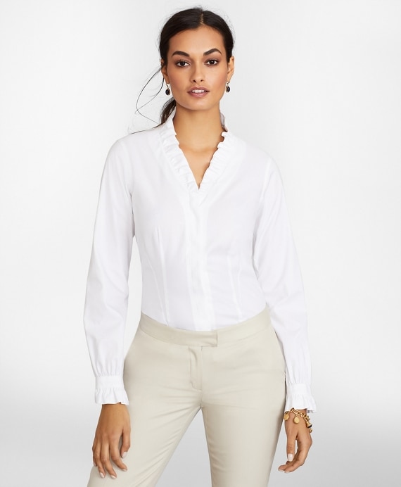 Petite Non-Iron Stretch Supima&reg; Cotton Ruffle Pinpoint Oxford Dress Shirt - Brooks Brothers Outlet