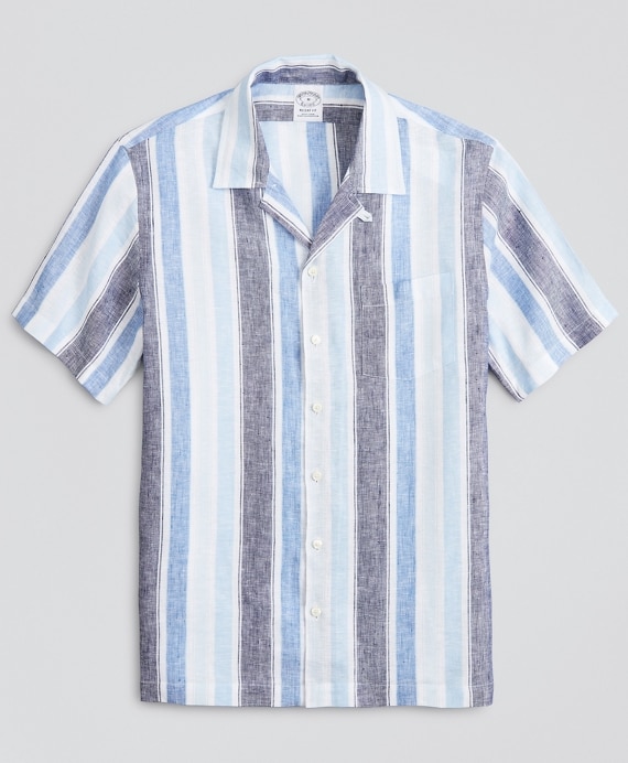 Regent Fitted Sport Shirt, Irish Linen Camp Collar Short-Sleeve Stripe - Brooks Brothers Outlet