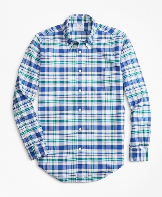 Regent Fit Oxford Blue and Green Plaid Sport Shirt - Brooks Brothers Outlet