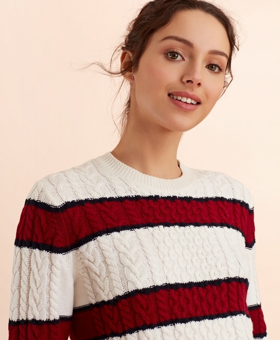 Striped Wool-Cotton Cable-Knit Sweater - Brooks Brothers Factory Outlet