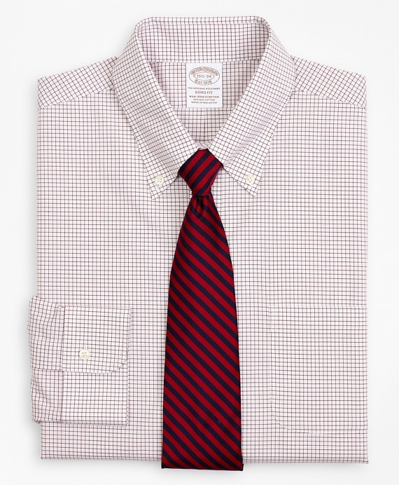 Stretch Soho Extra-Slim-Fit Dress Shirt, Non-Iron Poplin Button-Down Collar Small Grid Check - Brooks Brothers Factory Outlet